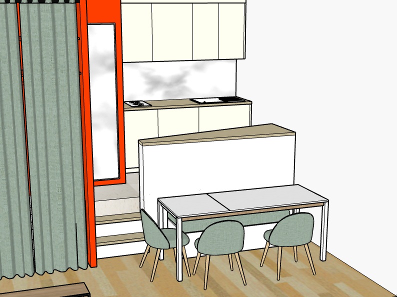 Le lit escamotable devient une banquette pour l'espace repas